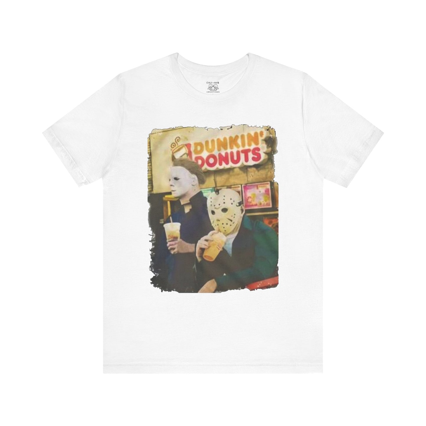 Michael Myers and Jason Horror Movie Tee with Dunkin' Donuts Theme, Unisex Graphic T-Shirt, Halloween Costume, Quirky Casual Wear