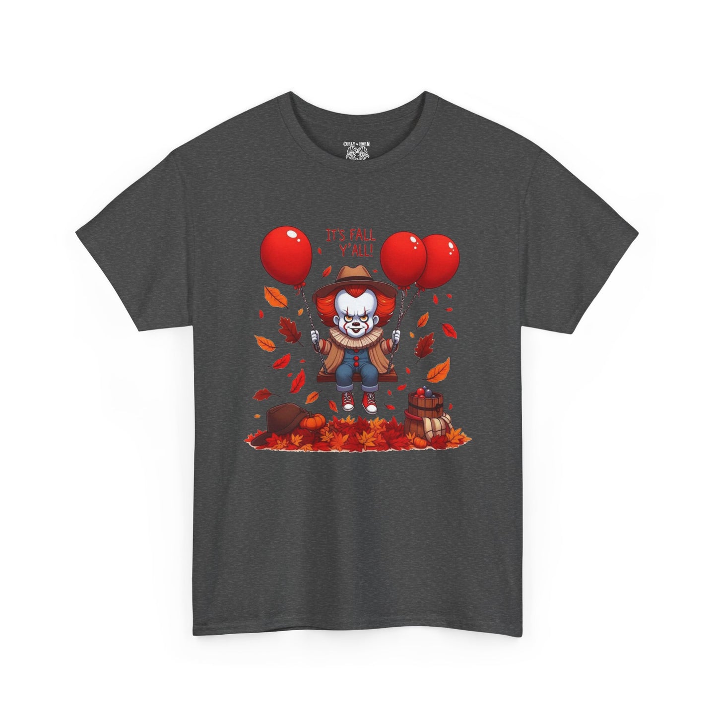 Fall-Themed Pennywise Unisex Heavy Cotton Tee, Autumn Shirt, Halloween Apparel, Seasonal Gift, Cozy Outfit, Fun Fall Fashion