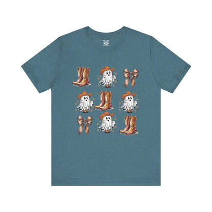 Ghostly Cowboy Tee, Fun Unisex Tee, Halloween Shirt, Country Style Tee, Ghosts and Boots Design, Casual Wear