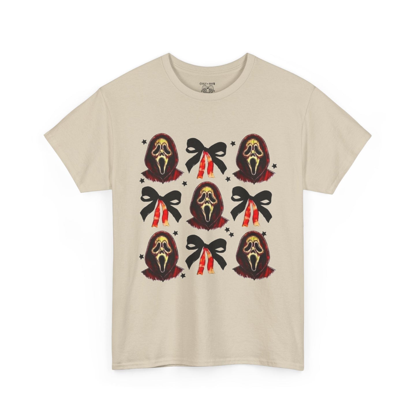 Ghost Face with Bows Design, Fun Graphic Tee, Gift for Him/Her, Casual Wear, Holiday Apparel, Statement Shirt