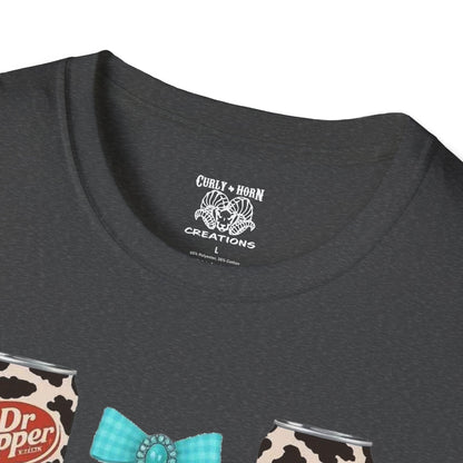 Dr Pepper Tourquoise  Cow Print T-Shirt with Bows, Casual Wear, Gift for Cow Lovers, Farmhouse Decor, Birthday or Holiday Gift