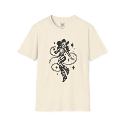 Skeleton Cowgirl T-Shirt, Vintage Halloween Tee, Unisex Graphic Shirt, Casual Outfit, Festival Wear, Spooky Season Apparel