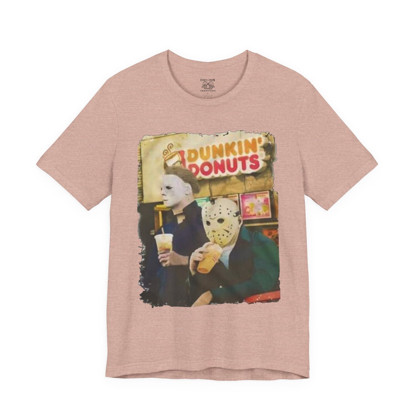 Michael Myers and Jason Horror Movie Tee with Dunkin' Donuts Theme, Unisex Graphic T-Shirt, Halloween Costume, Quirky Casual Wear