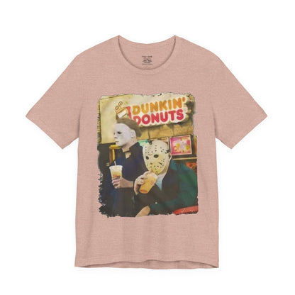 Michael Myers and Jason Horror Movie Tee with Dunkin' Donuts Theme, Unisex Graphic T-Shirt, Halloween Costume, Quirky Casual Wear