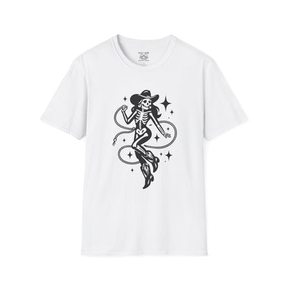 Skeleton Cowgirl T-Shirt, Vintage Halloween Tee, Unisex Graphic Shirt, Casual Outfit, Festival Wear, Spooky Season Apparel