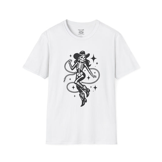 Skeleton Cowgirl T-Shirt, Vintage Halloween Tee, Unisex Graphic Shirt, Casual Outfit, Festival Wear, Spooky Season Apparel