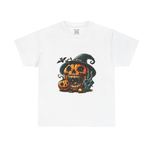 Halloween Skull Pumpkin Unisex Heavy Cotton Tee, Spooky Tee, Pumpkin T-Shirt, Halloween Costume Shirt, Fall Apparel, Gift for Halloween