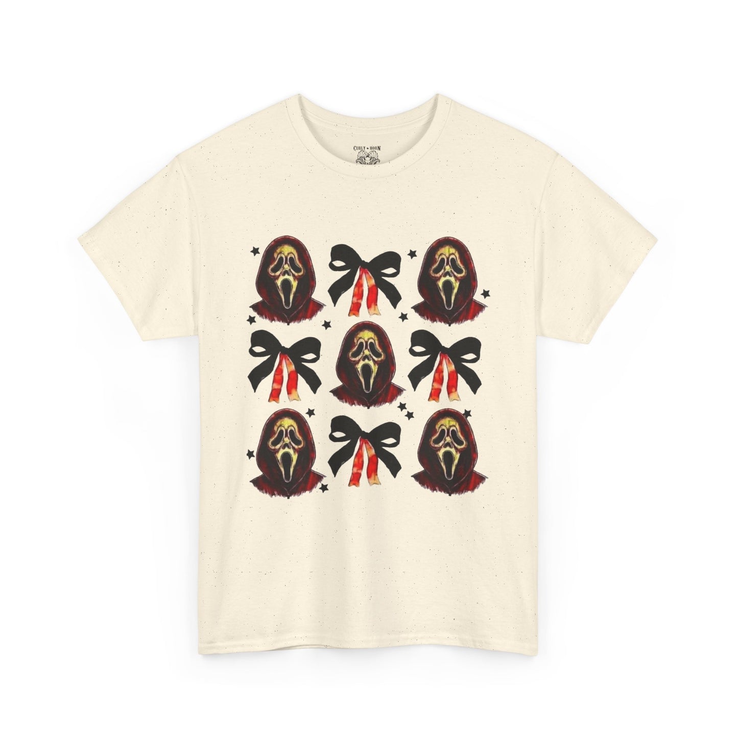 Ghost Face with Bows Design, Fun Graphic Tee, Gift for Him/Her, Casual Wear, Holiday Apparel, Statement Shirt