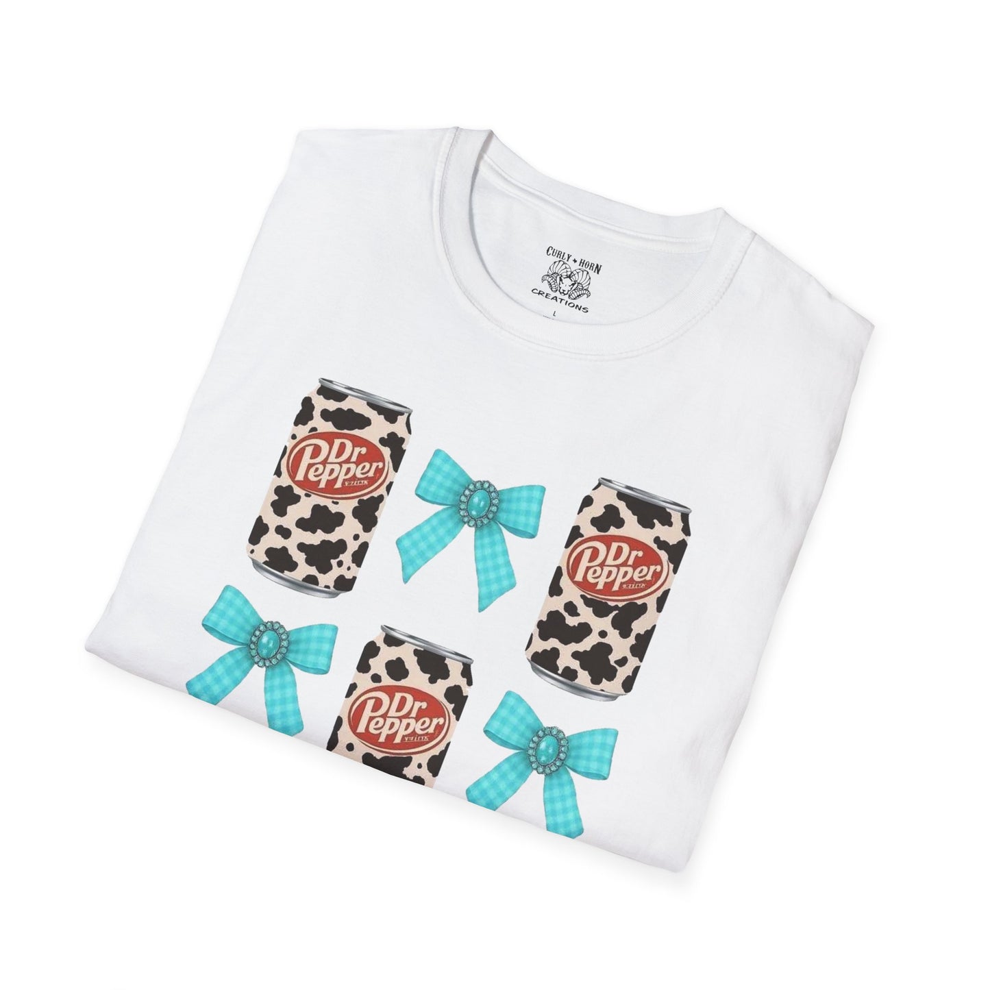 Dr Pepper Tourquoise  Cow Print T-Shirt with Bows, Casual Wear, Gift for Cow Lovers, Farmhouse Decor, Birthday or Holiday Gift