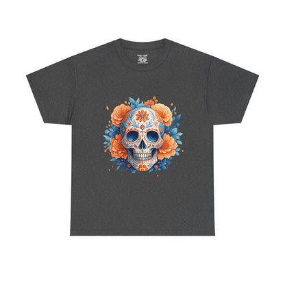 Colorful Floral Skull Tee, Unisex Heavy Cotton T-Shirt, Perfect for Day of the Dead Celebrations, Casual Wear, Unique Gift Idea