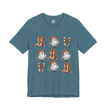 Ghostly Cowboy Tee, Fun Unisex Tee, Halloween Shirt, Country Style Tee, Ghosts and Boots Design, Casual Wear
