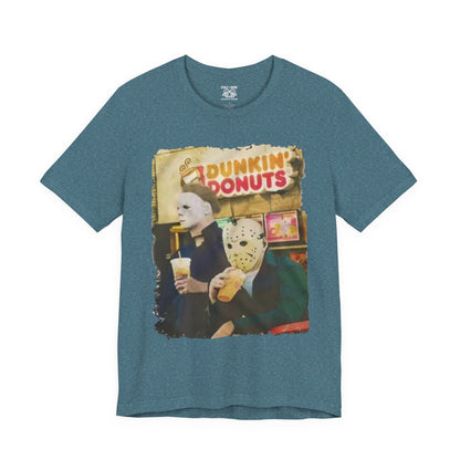 Michael Myers and Jason Horror Movie Tee with Dunkin' Donuts Theme, Unisex Graphic T-Shirt, Halloween Costume, Quirky Casual Wear