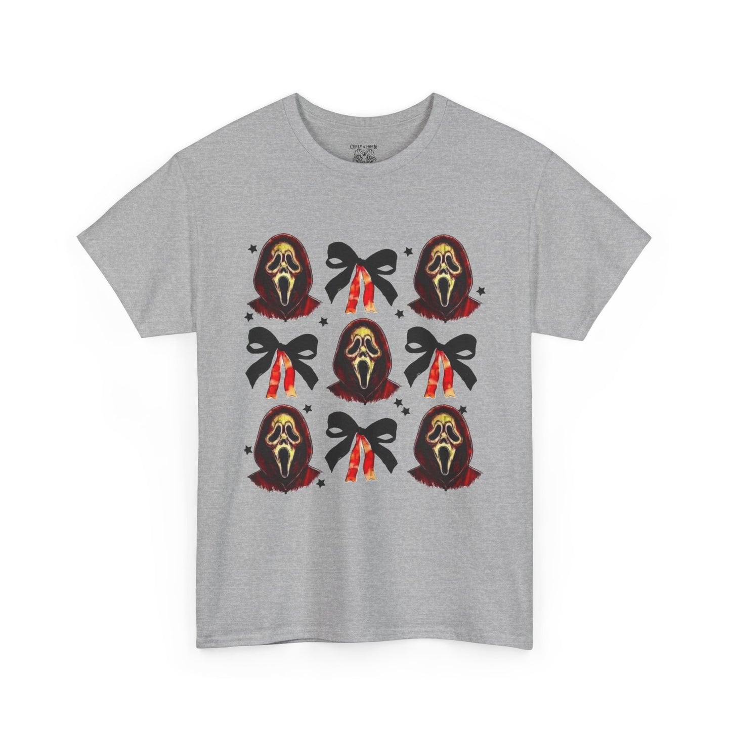 Ghost Face with Bows Design, Fun Graphic Tee, Gift for Him/Her, Casual Wear, Holiday Apparel, Statement Shirt