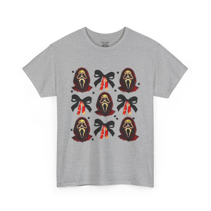Ghost Face with Bows Design, Fun Graphic Tee, Gift for Him/Her, Casual Wear, Holiday Apparel, Statement Shirt