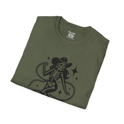 Skeleton Cowgirl T-Shirt, Vintage Halloween Tee, Unisex Graphic Shirt, Casual Outfit, Festival Wear, Spooky Season Apparel