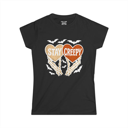 White Print of Stay Creepy Women's Tee | Halloween Gift, Spooky Style, Casual Outfit, Unique Graphic Top, Fun Statement Shirt