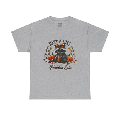 Pumpkin Spice Raccoon Unisex Heavy Cotton Tee, Fall T-Shirt, Halloween Apparel, Autumn Shirt, Cute Graphic Tee