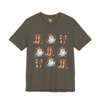Ghostly Cowboy Tee, Fun Unisex Tee, Halloween Shirt, Country Style Tee, Ghosts and Boots Design, Casual Wear