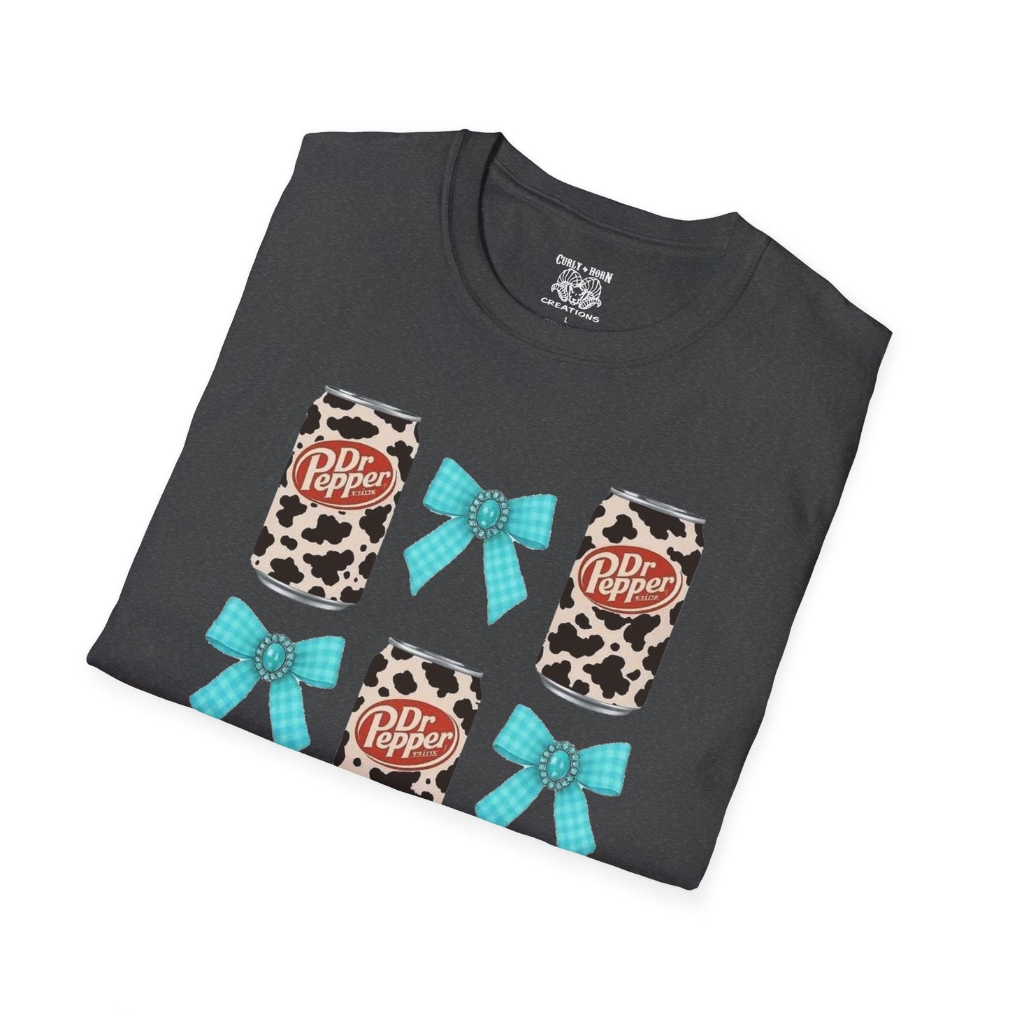 Dr Pepper Tourquoise  Cow Print T-Shirt with Bows, Casual Wear, Gift for Cow Lovers, Farmhouse Decor, Birthday or Holiday Gift