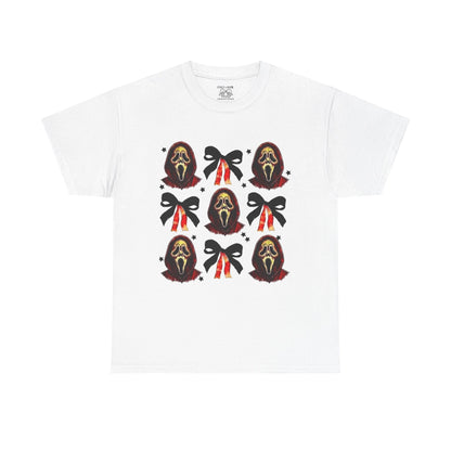 Ghost Face with Bows Design, Fun Graphic Tee, Gift for Him/Her, Casual Wear, Holiday Apparel, Statement Shirt