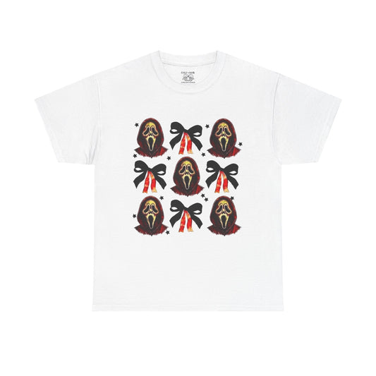 Ghost Face with Bows Design, Fun Graphic Tee, Gift for Him/Her, Casual Wear, Holiday Apparel, Statement Shirt