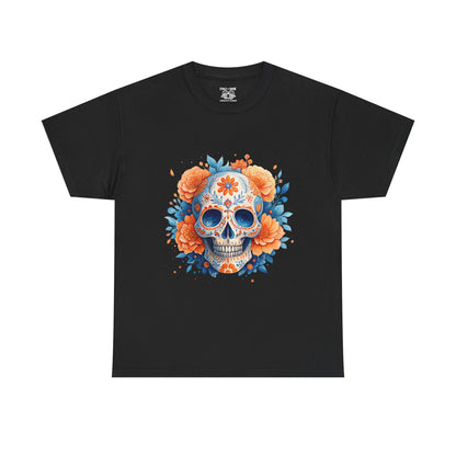 Colorful Floral Skull Tee, Unisex Heavy Cotton T-Shirt, Perfect for Day of the Dead Celebrations, Casual Wear, Unique Gift Idea