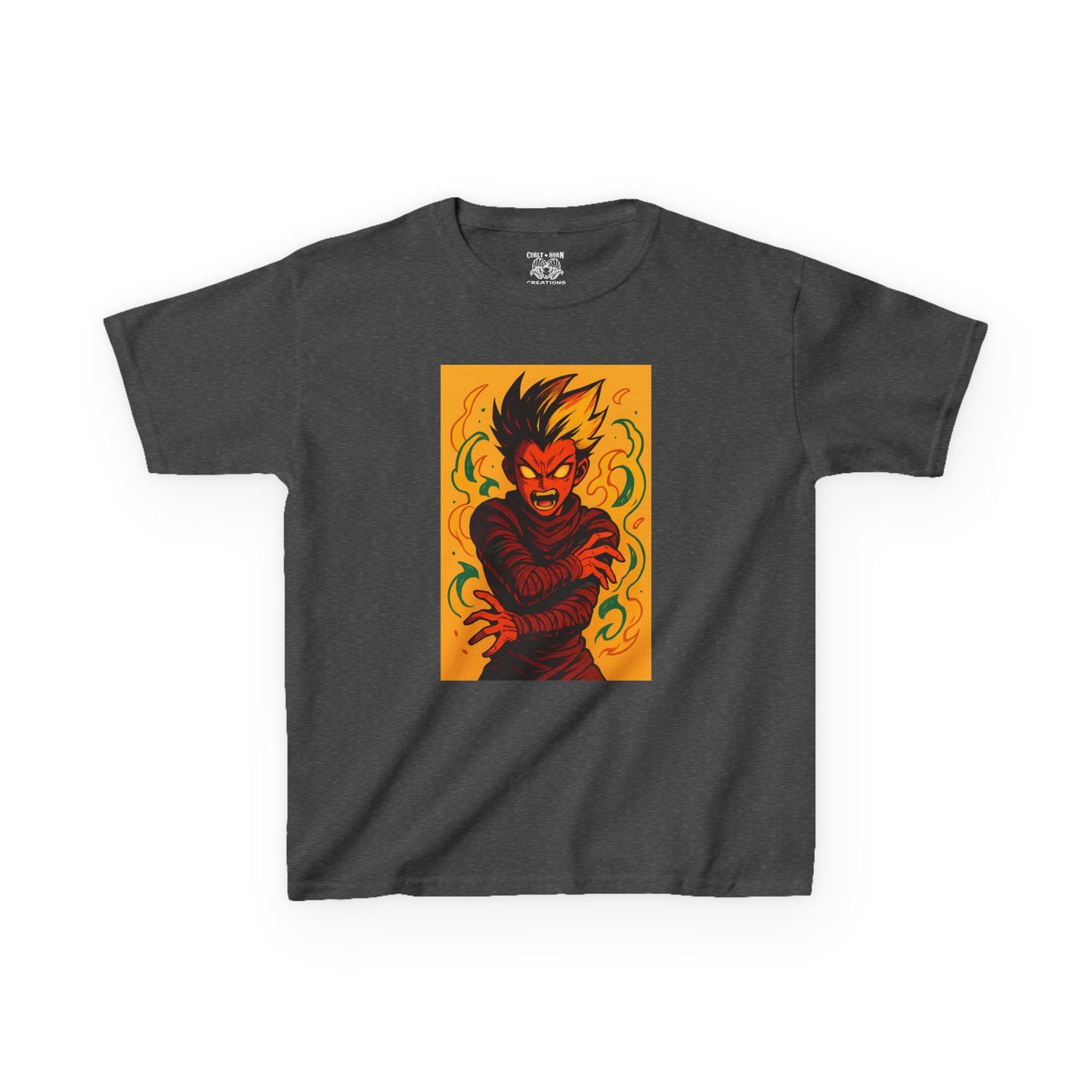 Kid's Graphic Tee with Fiery Monster Design, Perfect for Halloween, Birthday Gifts, Everyday Wear, Playdates, Anime Enthusiasts
