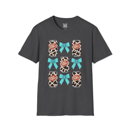 Dr Pepper Tourquoise  Cow Print T-Shirt with Bows, Casual Wear, Gift for Cow Lovers, Farmhouse Decor, Birthday or Holiday Gift