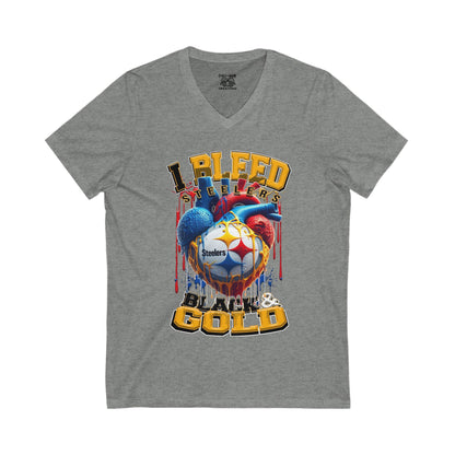 Steelers Football Fan V-Neck Tee - I Bleed Black & Gold, Fan Gear, Unisex Shirt, Gift for Sports Lovers, Tailgate Shirt, Game Day Apparel