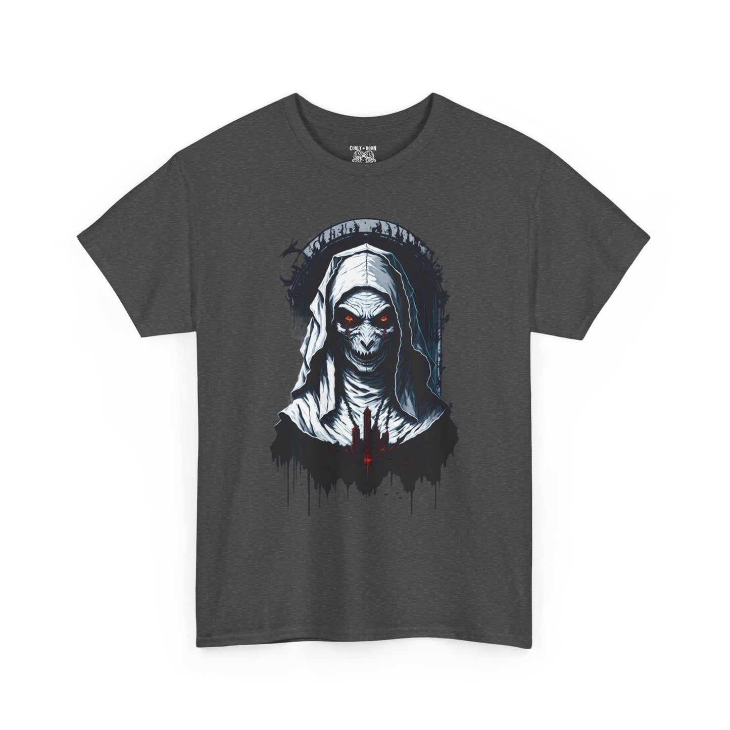 Spooky Graphic Nun Tee, Unisex Heavy Cotton Tee, Halloween Outfit, Horror Lover Gift, Dark Art T-Shirt, Unique Style Tee