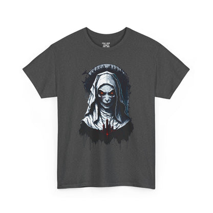 Spooky Graphic Nun Tee, Unisex Heavy Cotton Tee, Halloween Outfit, Horror Lover Gift, Dark Art T-Shirt, Unique Style Tee