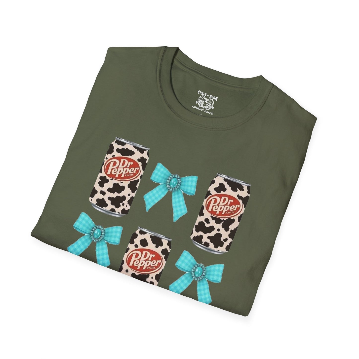 Dr Pepper Tourquoise  Cow Print T-Shirt with Bows, Casual Wear, Gift for Cow Lovers, Farmhouse Decor, Birthday or Holiday Gift