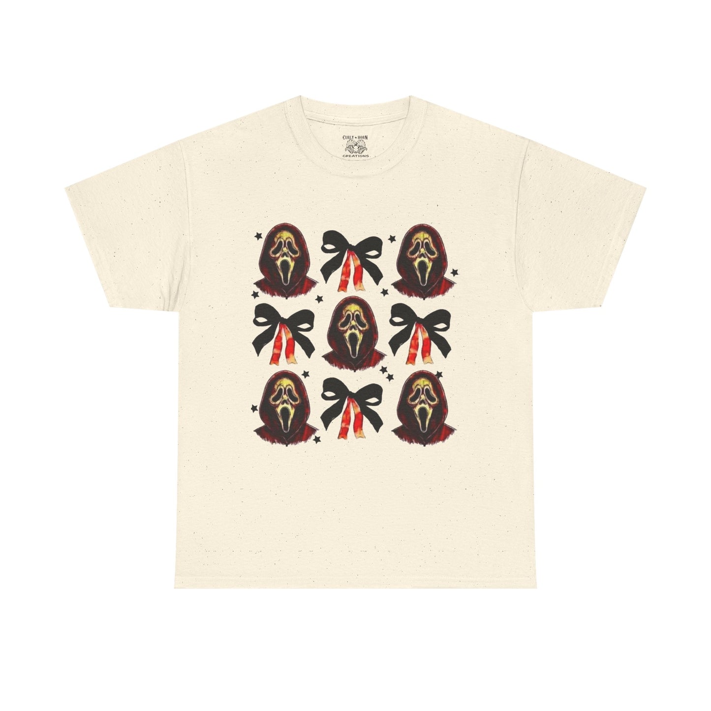Ghost Face with Bows Design, Fun Graphic Tee, Gift for Him/Her, Casual Wear, Holiday Apparel, Statement Shirt