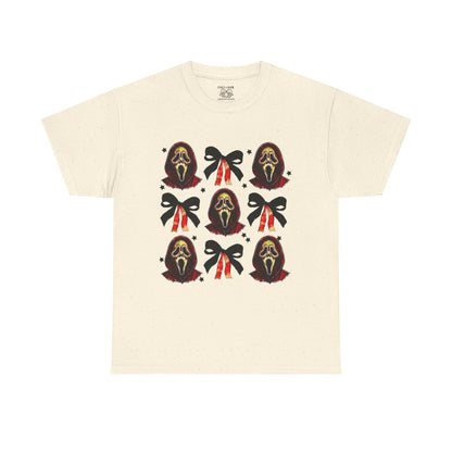 Ghost Face with Bows Design, Fun Graphic Tee, Gift for Him/Her, Casual Wear, Holiday Apparel, Statement Shirt