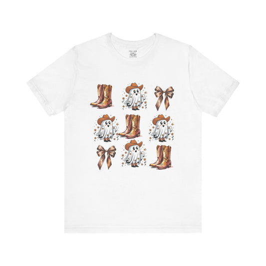 Ghostly Cowboy Tee, Fun Unisex Tee, Halloween Shirt, Country Style Tee, Ghosts and Boots Design, Casual Wear