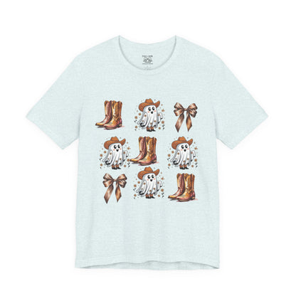 Ghostly Cowboy Tee, Fun Unisex Tee, Halloween Shirt, Country Style Tee, Ghosts and Boots Design, Casual Wear