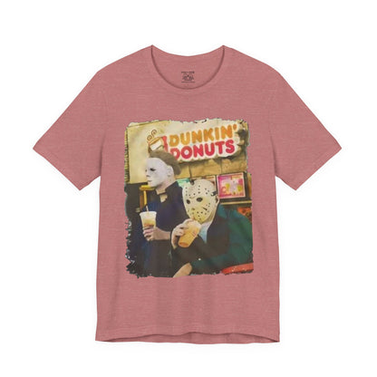 Michael Myers and Jason Horror Movie Tee with Dunkin' Donuts Theme, Unisex Graphic T-Shirt, Halloween Costume, Quirky Casual Wear