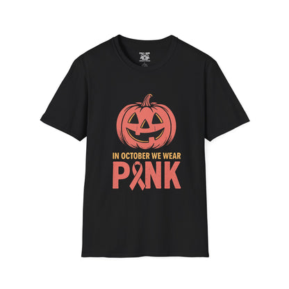 Halloween Awareness T-Shirt | In October We Wear Pink | Unisex Softstyle Tee for Breast Cancer Awareness, Holiday Gift, Spooky Season