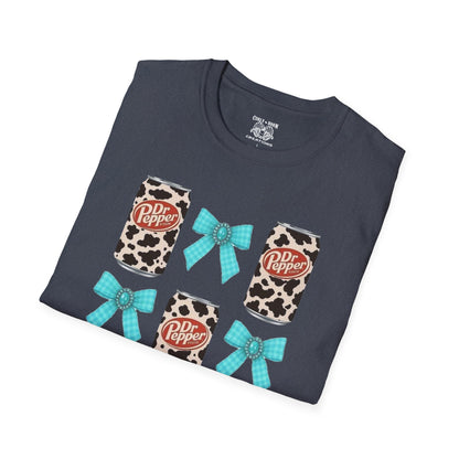 Dr Pepper Tourquoise  Cow Print T-Shirt with Bows, Casual Wear, Gift for Cow Lovers, Farmhouse Decor, Birthday or Holiday Gift