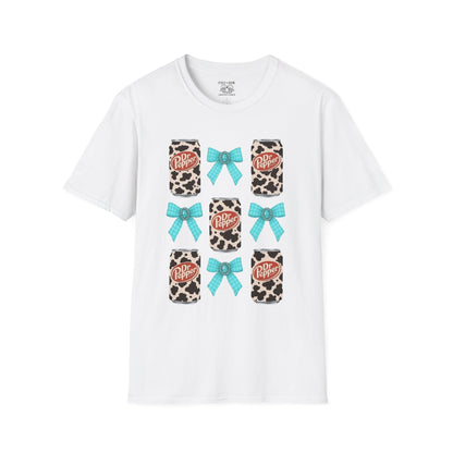 Dr Pepper Tourquoise  Cow Print T-Shirt with Bows, Casual Wear, Gift for Cow Lovers, Farmhouse Decor, Birthday or Holiday Gift