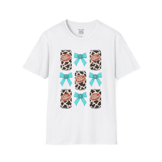 Dr Pepper Tourquoise  Cow Print T-Shirt with Bows, Casual Wear, Gift for Cow Lovers, Farmhouse Decor, Birthday or Holiday Gift