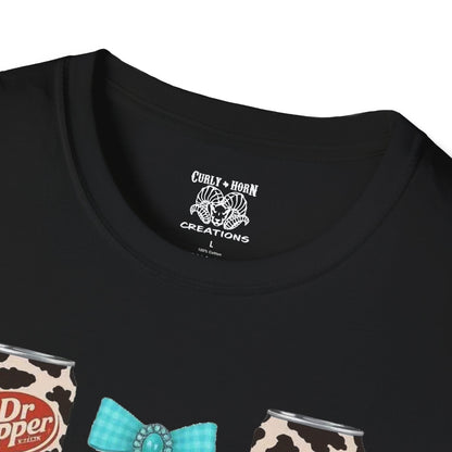 Dr Pepper Tourquoise  Cow Print T-Shirt with Bows, Casual Wear, Gift for Cow Lovers, Farmhouse Decor, Birthday or Holiday Gift