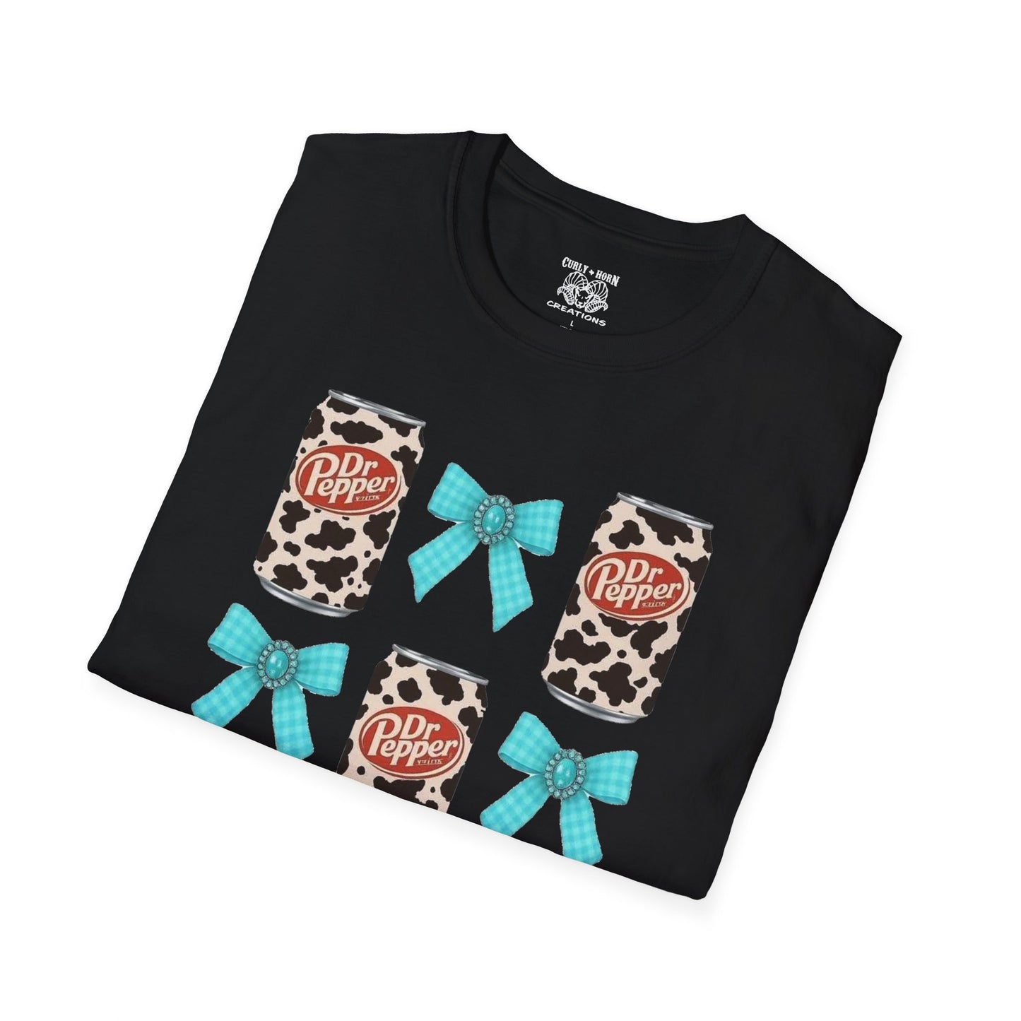Dr Pepper Tourquoise  Cow Print T-Shirt with Bows, Casual Wear, Gift for Cow Lovers, Farmhouse Decor, Birthday or Holiday Gift