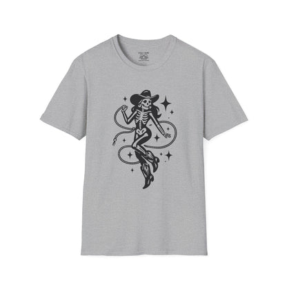 Skeleton Cowgirl T-Shirt, Vintage Halloween Tee, Unisex Graphic Shirt, Casual Outfit, Festival Wear, Spooky Season Apparel