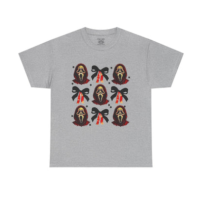 Ghost Face with Bows Design, Fun Graphic Tee, Gift for Him/Her, Casual Wear, Holiday Apparel, Statement Shirt