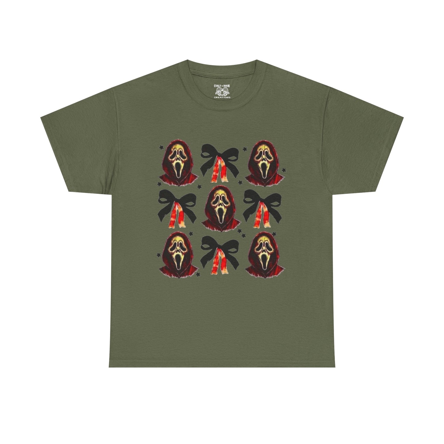 Ghost Face with Bows Design, Fun Graphic Tee, Gift for Him/Her, Casual Wear, Holiday Apparel, Statement Shirt