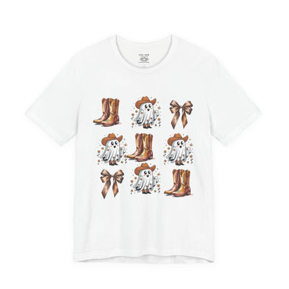 Ghostly Cowboy Tee, Fun Unisex Tee, Halloween Shirt, Country Style Tee, Ghosts and Boots Design, Casual Wear