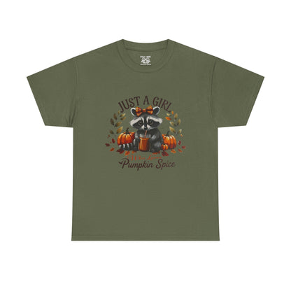 Pumpkin Spice Raccoon Unisex Heavy Cotton Tee, Fall T-Shirt, Halloween Apparel, Autumn Shirt, Cute Graphic Tee