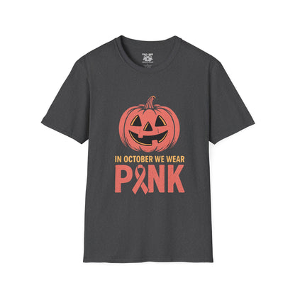 Halloween Awareness T-Shirt | In October We Wear Pink | Unisex Softstyle Tee for Breast Cancer Awareness, Holiday Gift, Spooky Season