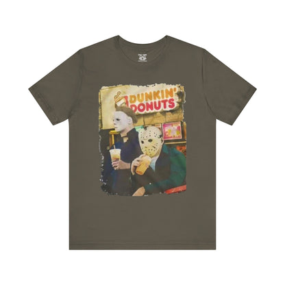 Michael Myers and Jason Horror Movie Tee with Dunkin' Donuts Theme, Unisex Graphic T-Shirt, Halloween Costume, Quirky Casual Wear